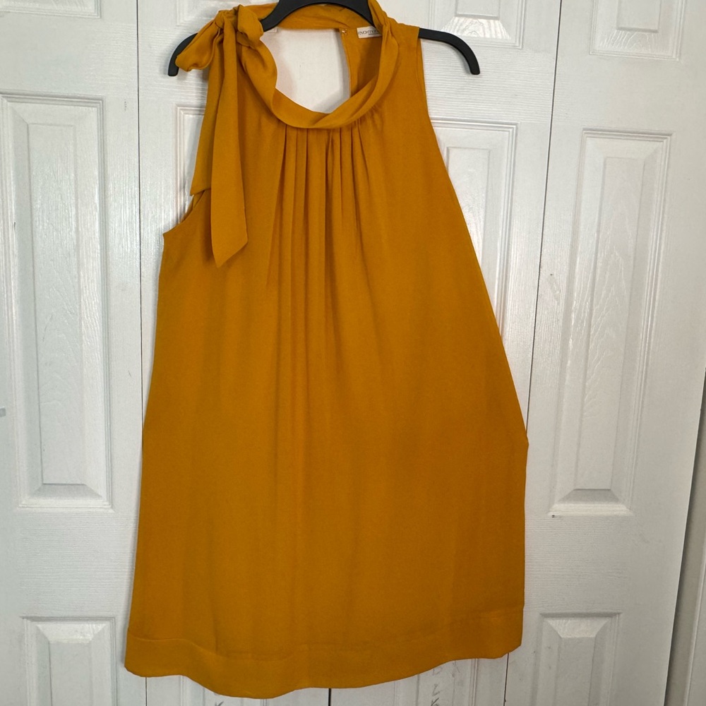 Ladies sleeveless mustard colored dress.